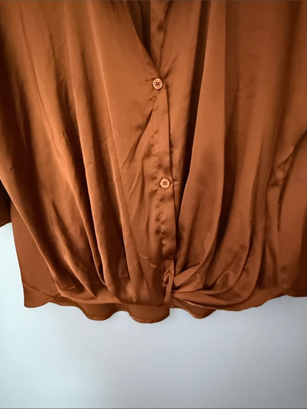 Madrag Satin Copper Blouse Women’s Size 1X Button Front Roll Tab Sleeve Top - Picture 6 of 13